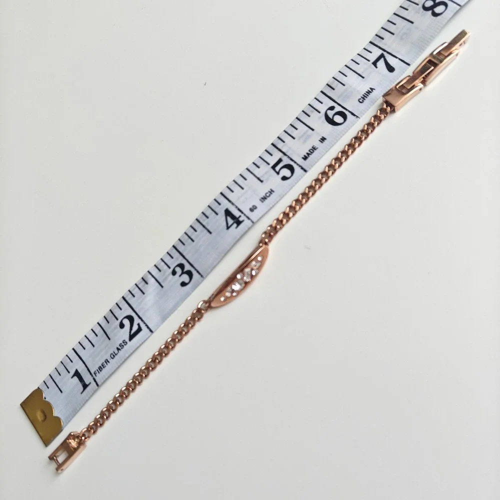 Rose Gold Tone Crystal Curb Chain Bracelet Inlaid Curved Bar Adjustable Clasp